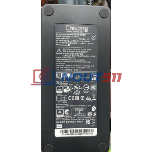 Блок питания для ноутбука MSI 20V 14A 280W 4.5х3.0mm (A18-280P1A), без сетевого кабеля, HC/ORG
