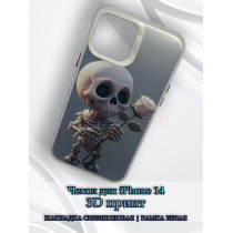 Чехол для iPhone 14 с 3D принтом Скелетик с розой, накладка силиконовая, рамка белая