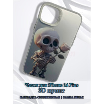 Чехол для iPhone 14 Plus с 3D принтом Скелетик с розой, накладка силиконовая, рамка белая