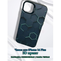 Чехол для iPhone 14 Plus с 3D принтом Соты с перепадом темно-синего цвета, накладка силиконовая, рамка черная