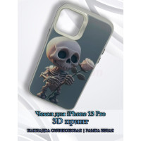 Чехол для iPhone 13 Pro с 3D принтом Скелетик с розой, накладка силиконовая, рамка белая