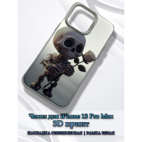 Чехол для iPhone 13 Pro Max с 3D принтом Скелетик с розой, накладка силиконовая, рамка белая