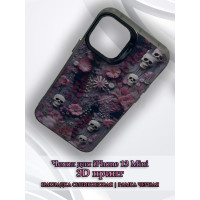 Чехол для iPhone 13 Mini с 3D принтом Черепки на фоне цветов, накладка силиконовая, рамка черная