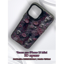 Чехол для iPhone 13 Mini с 3D принтом Черепки на фоне цветов, накладка силиконовая, рамка черная
