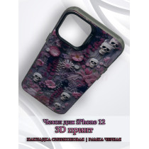Чехол для iPhone 12 с 3D принтом Черепки на фоне цветов, накладка силиконовая, рамка черная