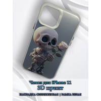 Чехол для iPhone 11 с 3D принтом Скелетик с розой, накладка силиконовая, рамка белая