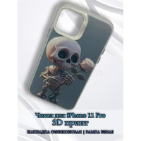 Чехол для iPhone 11 Pro с 3D принтом Скелетик с розой, накладка силиконовая, рамка белая