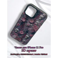 Чехол для iPhone 11 Pro с 3D принтом Черепки на фоне цветов, накладка силиконовая, рамка черная