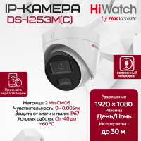 IP видеокамера HiWatch DS-I253M(С) (2.8mm) купольная 2МП - 1/2.9" FullHD 1920x1080@25к/с  ИИ 3D DNR DWDR H.265+ микрофон ИК до 30м угол 121гр IP67 microSD RJ45 PoE