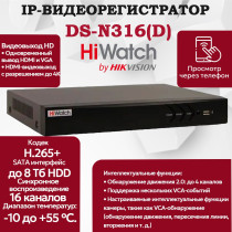 IP Видеорегистратор HiWatch DS-N316(D), 16 IP камер 8МП, 4096x2160, 30к/с на канал, H.265+, черный