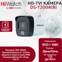 Камера видеонаблюдения HiWatch DS-T200A(B) (2,8 мм), уличная, 2МП, 1920x1080, H.265+, 103гр, IP66, микрофон