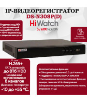 IP Видеорегистратор HiWatch DS-N308P(D) 8-ю PoE портами, 8 IP камер 8МП, 4096x2160, 30к/с на канал, H.265+, черный