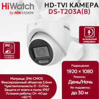 Камера видеонаблюдения HiWatch DS-T203A(B) (2.8mm), купольная, 2МП, 1920x1080, микрофон H.265+, 106гр, IP66, черно-белая