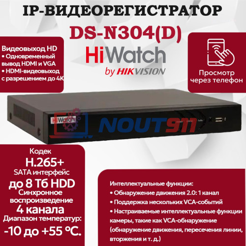 IP Видеорегистратор HiWatch DS-N304(D) 4 IP камеры 8МП 4096x2160 30к/с на канал H.265+ черный
