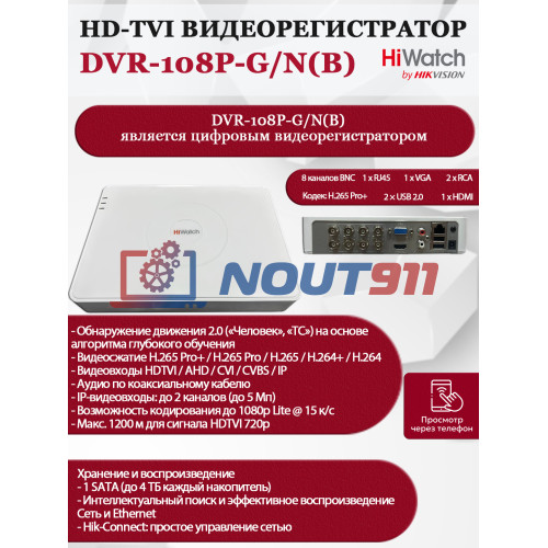 Купить цифровой гибридный видеорегистратор HiWatch DVR-108P-G/N(B) - 8 каналов 2МП, H.265 Pro+, AoC, белый