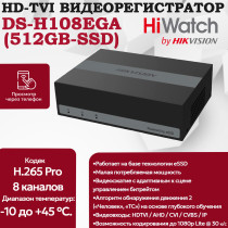 Цифровой гибридный видеорегистратор DS-H108EGA(512GB), 6 в 1 TVI,AHD,CVI,CVBS,IP - 8 каналов 2МП+2 IP камеры, 1920х1080, встроенный eSSD на 512GB, AoC, 25к/с, H.265 Pro+, MD 2.0, белый