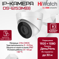 IP видеокамера HiWatch DS-I253M(B) (2.8mm) купольная 2МП - 1/2.7" FullHD 1920x1080 ИИ 3D DNR DWDR H.265+ микрофон угол 132гр IP67 microSD RJ-45 PoE