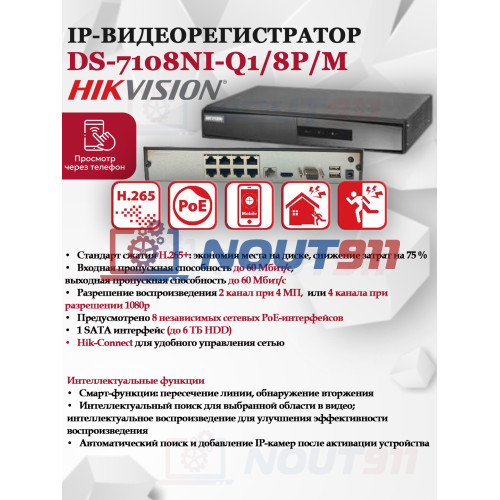 IP Видеорегистратор Hikvision DS-7108NI-Q1/8P/M(D) – 8-канальный 4МП с поддержкой PoE и кодеком H.265+ в черном цвете