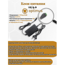 Блок питания Optimus 12/4.0 IP54 12В 4А 50/60 Гц Напряжение от 100 до 240В выходное напряжение 11,4–12,6В подходит для систем видеонаблюдения