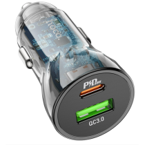 Автомобильная зарядка HOCO Z47A Transparent 1xUSB-1xUSB-C, 3А PD30W QC3.0, черный