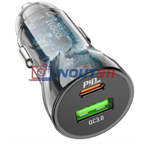 Автомобильная зарядка HOCO Z47A Transparent 1xUSB-1xUSB-C, 3А PD30W QC3.0, черный