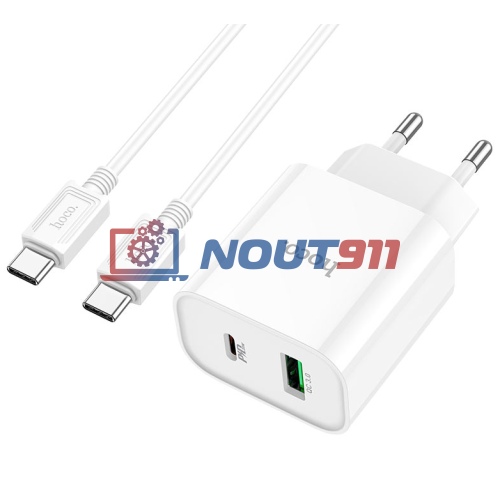 Блок питания (сетевой адаптер) HOCO C80A Plus с кабелем Type-C-Type-C, QC3.0, 20W, белый