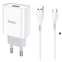 Блок питания (сетевой адаптер) HOCO C81A Asombroso single 1xUSB с кабелем Type-C, 2.1A, 10W