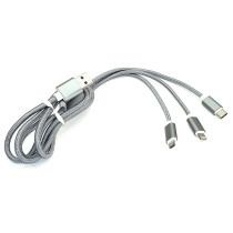 Кабель для зарядки USB (3-в-1)  ( Apple Lightning 8Pin, USB Type-C, USB-Micro) ШНУРОК. 1m. Серый