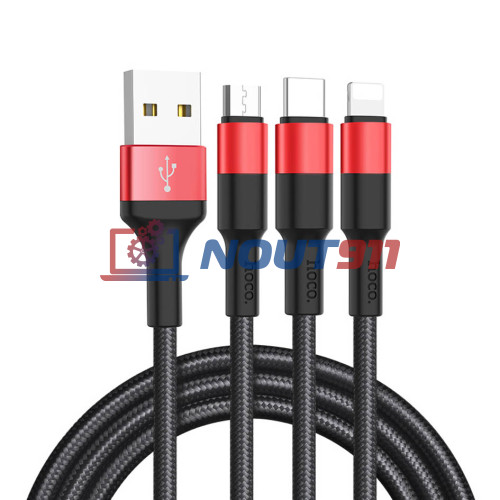 Кабель USB HOCO X26 Xpress 3 в 1 для Lightning, Micro USB, Type-C, 2.0A, 1 м, черный с красным