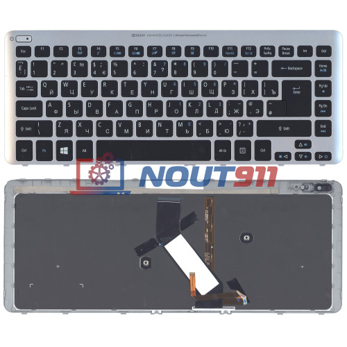 Клавиатура для ноутбука Acer Aspire V5-471 V5-431 M5-481T черная с серебристой рамкой, с подсветкой