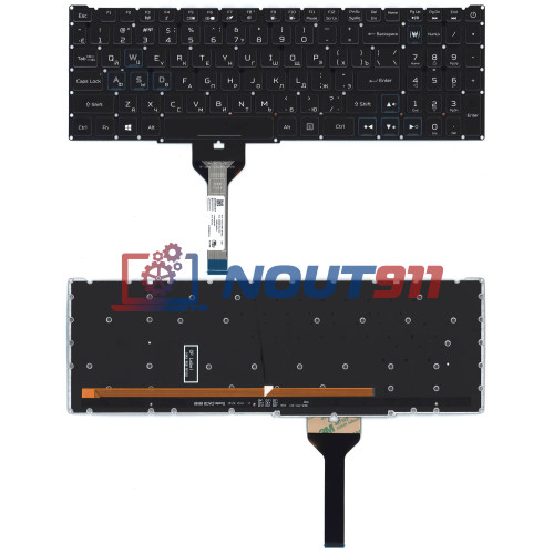 Клавиатура для ноутбука Acer Nitro 5 AN517-41 черная с подсветкой (узкий шлейф, синие буквы)