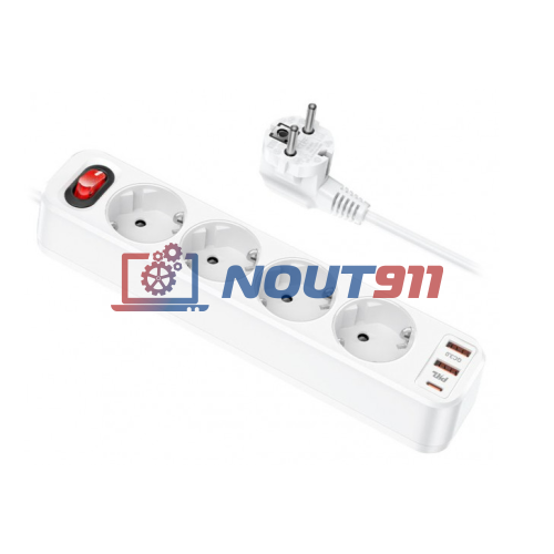 Сетевой фильтр Hoco NS1 Aura 4 Sockets + 2USB QC3.0 + PD 18W Type-C USB-C 1.8м